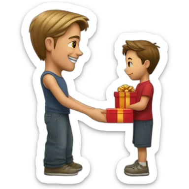 Brad Pitt on the left giving a red present to a smaller young student on the right sticker