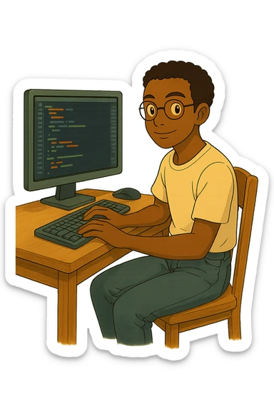 Remove the background, leaving only the main character, his desk, and his computer in Ghibli style with a transparent background. sticker
