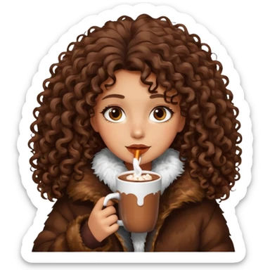 tanned girl with long brown curly hair, drinking hot chocolate , wearing oversized fur jacket sticker