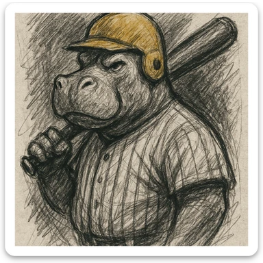 hippo holding a baseball bat, wearing a yellow helmet, pinstripes outfit sticker