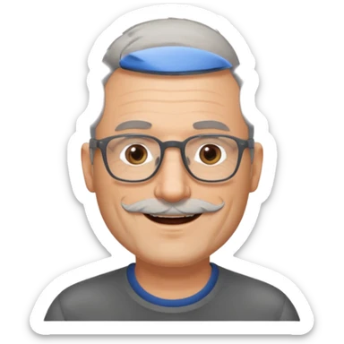 54 year old man, short shaved grey hair, beard stubble, glasses sticker