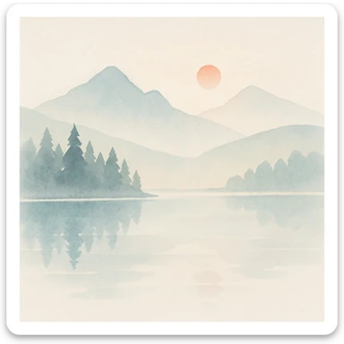 tranquil watercolor scene of a mountain lake at sunrise, soft colors and misty atmosphere sticker