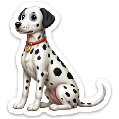 cinematic-[dalmatian dog]-realistic-full-body-sitting-emoji,-tail-resting-loosely-beside-its-paws,-head-tilted-dramatically,-sleek-[spotted]-fur,-simplified-yet-realistic-focused-features,-highly-detailed,-glowing-with-an-almost-sarcastic-glow sticker