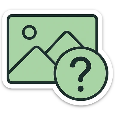 minimal image placeholder icon, light green color, large question mark overlay sticker