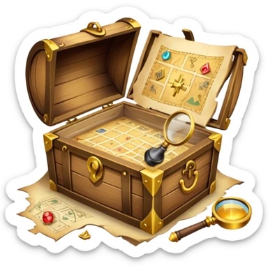An icon depicting a treasure map with an open chest, surrounded by clues and mysterious symbols. A magnifying glass hovers over the map, symbolizing the thrill of discovery and adventure. Set on a transparent background, it should evoke the excitement of solving puzzles and exploring new worlds. sticker