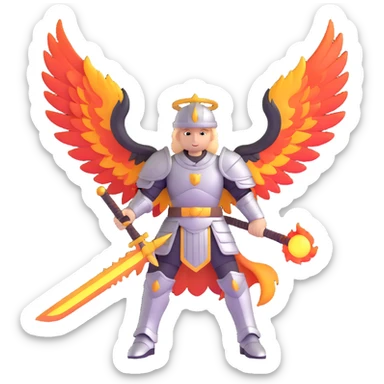 Archangel Michael in armor with flaming sword and large wings sticker