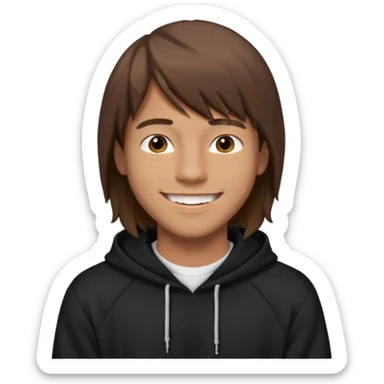 20 yr old man, brown hair, straight, big smile, white teeth, tanned skin, bangs, black hooded sweatshirt, long hair in back, middle parted bangs sticker