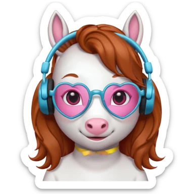 headphone wearing unicorn with dark ginger hair and heart shaped spectacles sticker