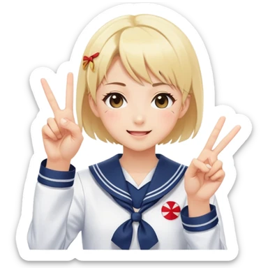 Energetic anime girl with short blonde hair wearing Japanese sailor style school uniform, winking and making double peace signs, very cheerful and bubbly, kawaii style sticker
