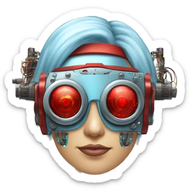 Light blue long hair female cyborg head with red steampunk goggles and circuits sticker
