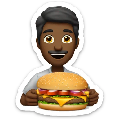 Show a man eating a big mac and add the label "Palkin' Burger - Just the right amount of spice!" sticker