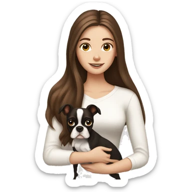 white girl with long brown hair holding a boston terrier  sticker