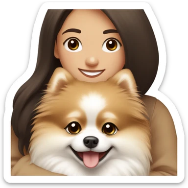 beige and white Pomeranian in the hands of a white young woman with dark brown hair smiling and cuddling the dog  sticker