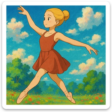 Add a vibrant, colorful background behind Dana Dawson in a dance pose, keep the original ghibli style sticker