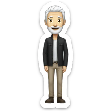 A tall skinny man with white hair and a black beard sticker