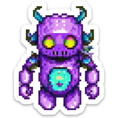 purple demon bot, floating, digital aura, pixelated effects sticker