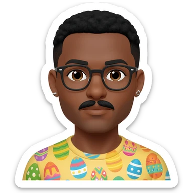 Black man with glasses, mustache,  stud earrings, and Easter eggs sticker