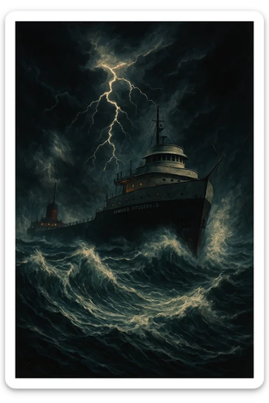 the Edmund Fitzgerald ship, stylized, dramatic waves, stormy sky sticker