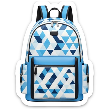 A stylish cute  backpack, medium-sized, with a modern design in blue and black. It features a geometric pattern of subtle triangles across the front pocket, giving it a sleek yet dynamic look, front view sticker
