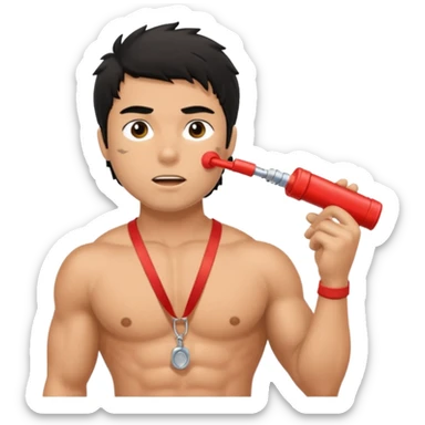 Shirtless Dark Tan Muscular lifeguard with messy black hair with whistle sticker