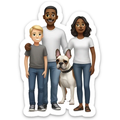 parents standing behind 3 boys, one french bulldog sticker