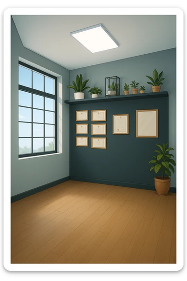 faMMI QUESTA STANZA SENZA LE PERSONE E SENZA LETTINO, SOLO LA STANZA. FALLA MOLTO PIù LUMINOSA CON LUCI PIù FREDDE E MODERNE, NON LUCI GIALLE sticker