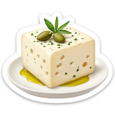 Cinematic Realistic Feta Cheese Dish Emoji, depicted as a block of crumbly, tangy cheese garnished with olive oil and herbs rendered with lifelike detail and soft natural lighting. sticker
