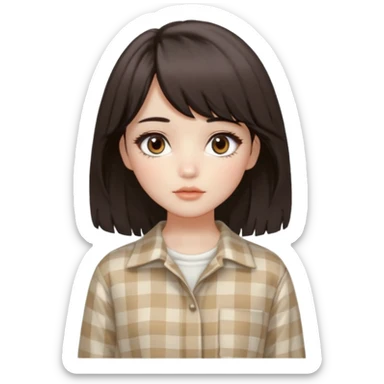 A fair, neutral-toned girl with dark brown layered hair (medium length, curtain bangs) and almond-shaped brown eyes. Doll-like makeup with soft brows, manhwa lashes, and normal lips. Oval face. Wearing an off-white checkered shirt, baggy pants, and minimal silver jewelry. sticker