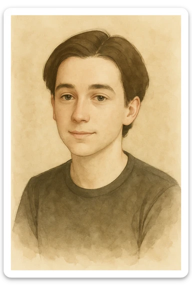 Create a smooth transitional animation between the two images, starting from a photorealistic portrait style and gradually shifting to a painterly, slightly watercolor effect character, then approaching a cartoonish style. sticker