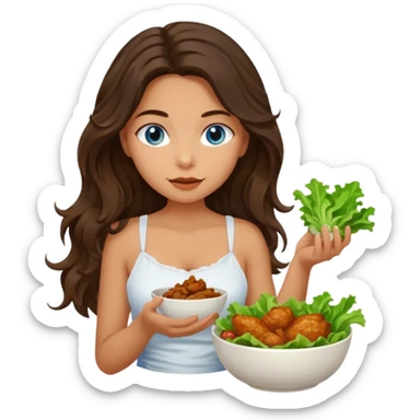 Girl with olive skin, blue eyes, brown dark insanely wavy long hair, white camisole eating a bowl of lettuce and chicken sticker