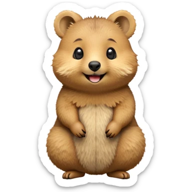 cinematic-realistic quokka-emoji,-small-round-frame-balanced-on-tiny-strong-hind-legs, head tilted in an endearing manner, comical smil, giant-fluffy-cheeks-large-smile-fluffy-brown-fur-radiating-a-warm-softness,-big-round-eyes-filled-with-joy, realisticround  fluffy zoomed in, large black eyes sticker