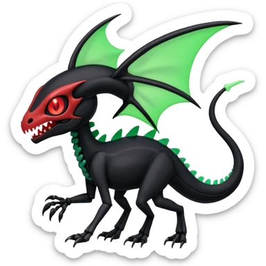 Obsidian-black and neon-glowing-green skeletal Meloetta-Salandit-Gorebyss-Salazzle-Pokémon-Fakémon-creature-fusion-hybrid with glowing crimson-red evil slit eyes sticker