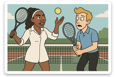 Serena Williams white shirt dress tennis racket one ball tennis a man dark yellow hair blue shirt black trousers tennis racket tennis court background  sticker