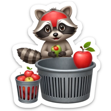 a raccoon sitting ontop of s trashcan holding a bitten apple sticker