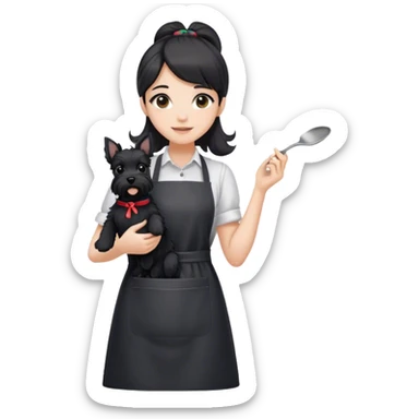 pale smiling girl with long back hair wearing black long shirt wearing apron holding black  schnauzer sticker