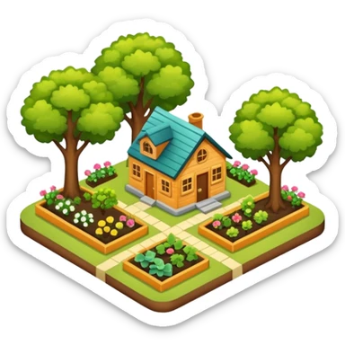 An icon featuring a local map, symbolizing local gardening. The design includes a different trees, and 1 tiny wooden house, shrubs, beds. Transparent background sticker