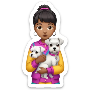 Black girl with short bangs holding a white schnauzer dog, colorful clothes sticker