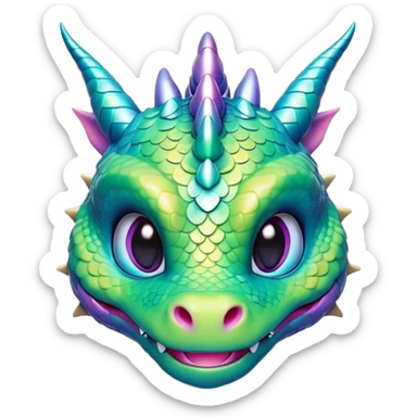Cinematic Cute Dragon Portrait Emoji, Head tilted playfully and inquisitively, with a sleek, serpentine body adorned in iridescent scales and a charming, expressive face featuring subtle, delicate horns, round, sparkling eyes brimming with curious magic, Simplified yet irresistibly adorable features, highly detailed, glowing with a warm, enchanting glow, high shine, affectionate and mystical, stylized with a touch of whimsical fantasy, soft glowing outline, capturing the essence of a mischievous yet loving dragon that feels like it could slither out of the screen into your arms! sticker