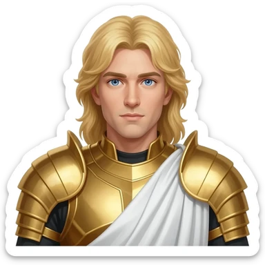 Archangel Michael from Christian Mythology with blue eyes, long blonde hair, gold metallic armor, white metallic toga sticker