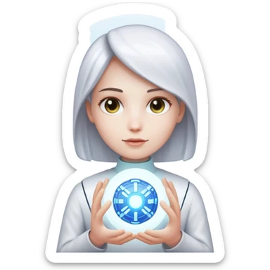 White skin hand holding a glowing AI core sticker