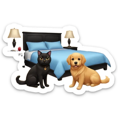 golden retriever and black cat in a bedroom sticker