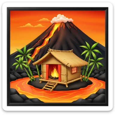 bamboo hut front of the volcano lava flowing sticker