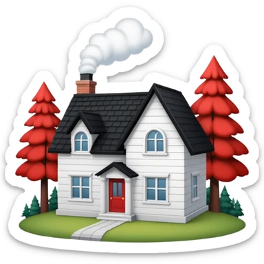 a one-story house with a forest background. The house is to have a white façade with red brick inserts.  the roof is to be black, gable. sticker