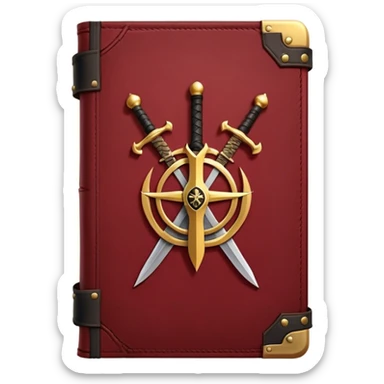 A dark crimson red book with black and gold details, a rugged leather texture, and an emblem of crossed swords, a knight chess piece, or a battle flag, radiating strategy, discipline, and the art of power sticker