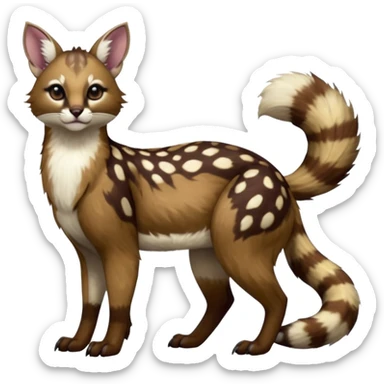 Colorful dark realistic chocolate-brown tropical beige fur glorious divine exotic cute cool beautiful shiny beautiful fantasy-Furret-Eevee-caracal-civet-genet-sergal-vernid-Cacomistle-oncilla-animal-Fakémon-hybrid-fursona with white deer-spots pattern markings (full body) sticker