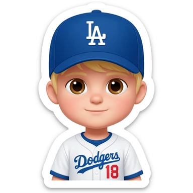 toddler in a dodgers uniform with baseball cap whiter blonde hair brown eyes sticker