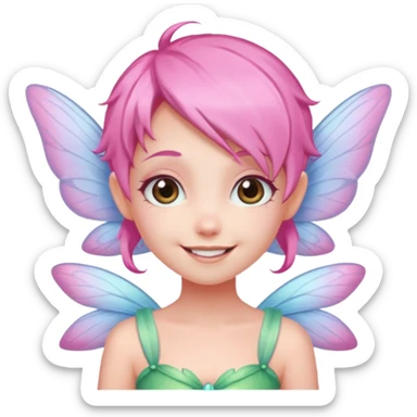 A tiny pastel fairy with pink  hair with glowing wings and a sweet smile  sticker