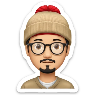 Asian man with black goatee, glasses, wearing a small red beanie sticker
