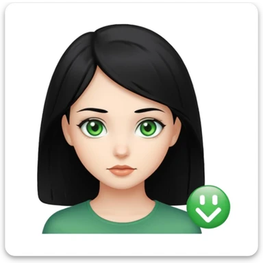 girl with black hair and green eyes, iOS app icon style, subtle shadows, glossy finish, white background sticker