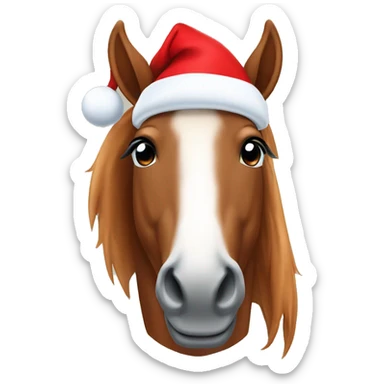 Chestnut horse with white blaze wearing a santa hat sticker